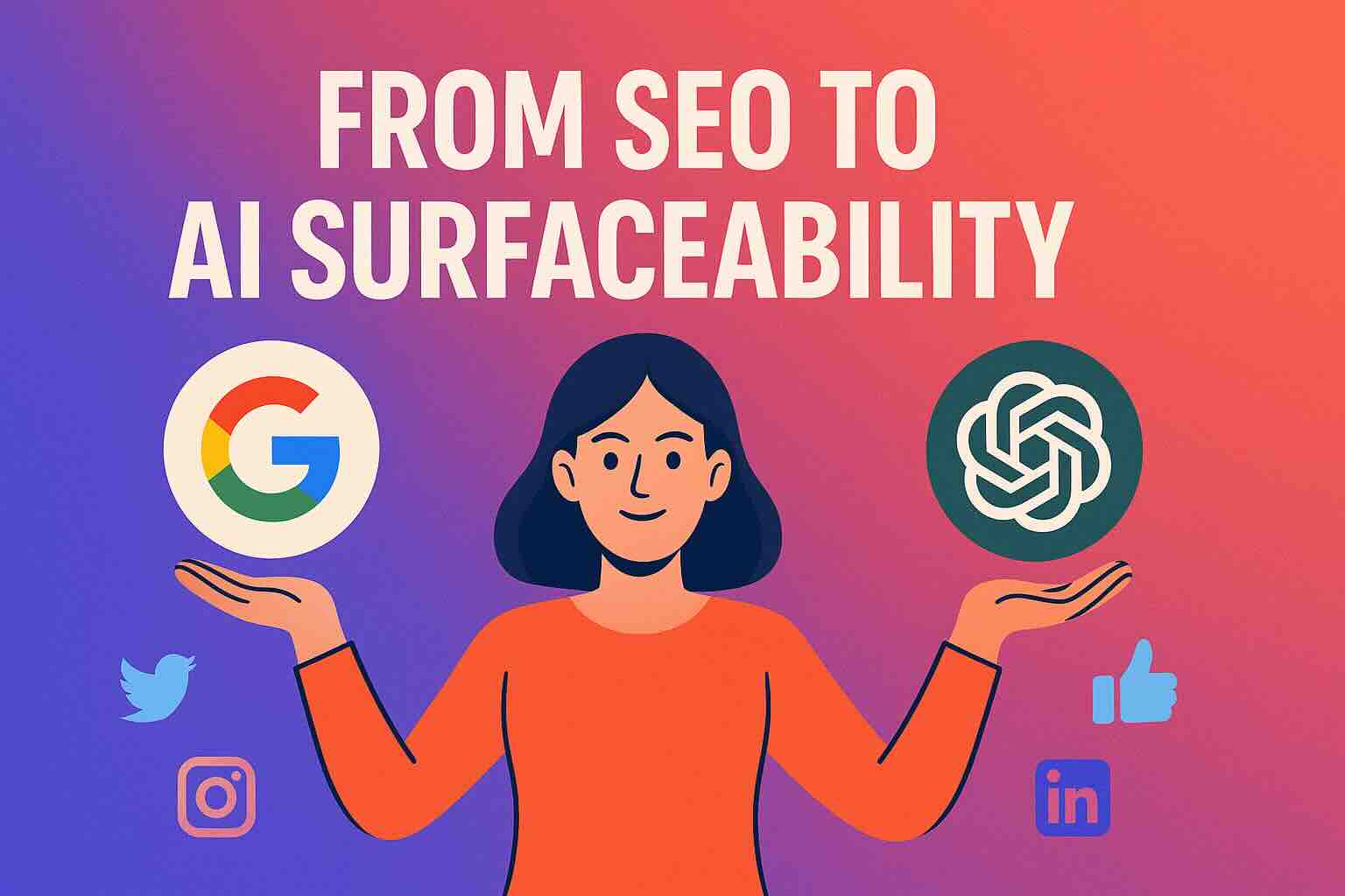 Illustration of a marketer balancing Google on one side and ChatGPT on the other, surrounded by social media icons.